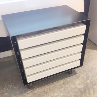 Cassettiere e Boiserie per occhiali con scocca in lamiera acciaio con 5 cassetti con toppe bianche